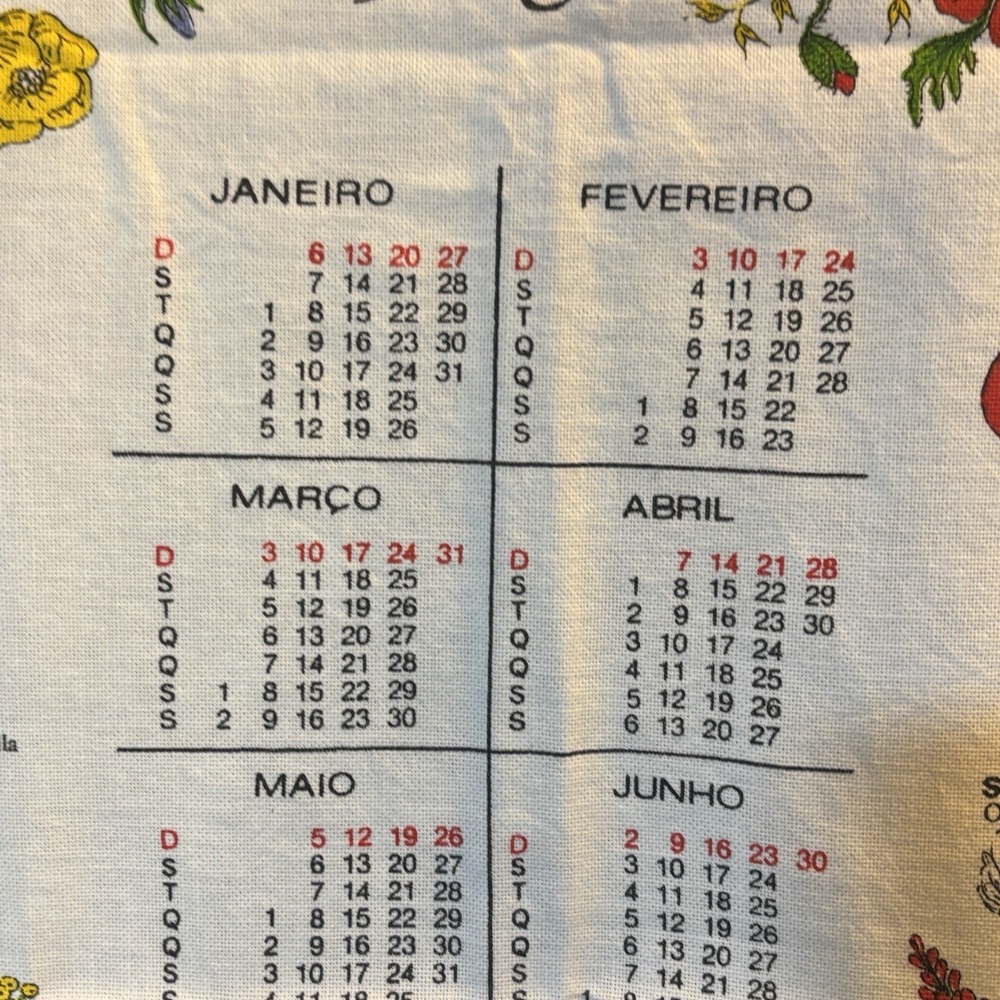1985 Vintage Portuguese Linen Cloth Calendar Tea Towel Wall Hanging Flowers Rare - Picture 8 of 15